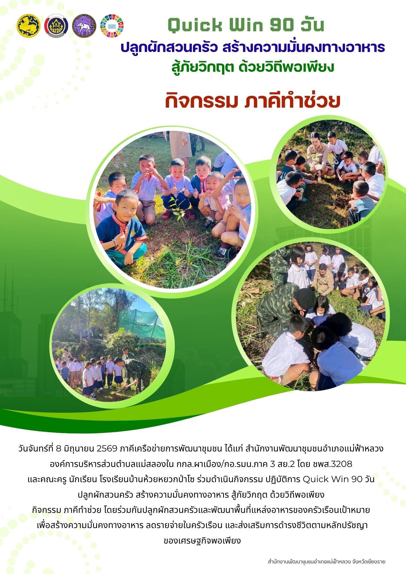 พช.แม่ฟ้าหลวง จับมือภาคีเครือข่าย ลุยขับเคลื่อนปฏิบัติการ Quick Win 90 วัน ปลูกผักสวนครัว สร้างความมั่นคงทางอาหาร สู้ภัยวิกฤต ด้วยวิถีพอเพียง “กิจกรรม ภาคีทำช่วย”